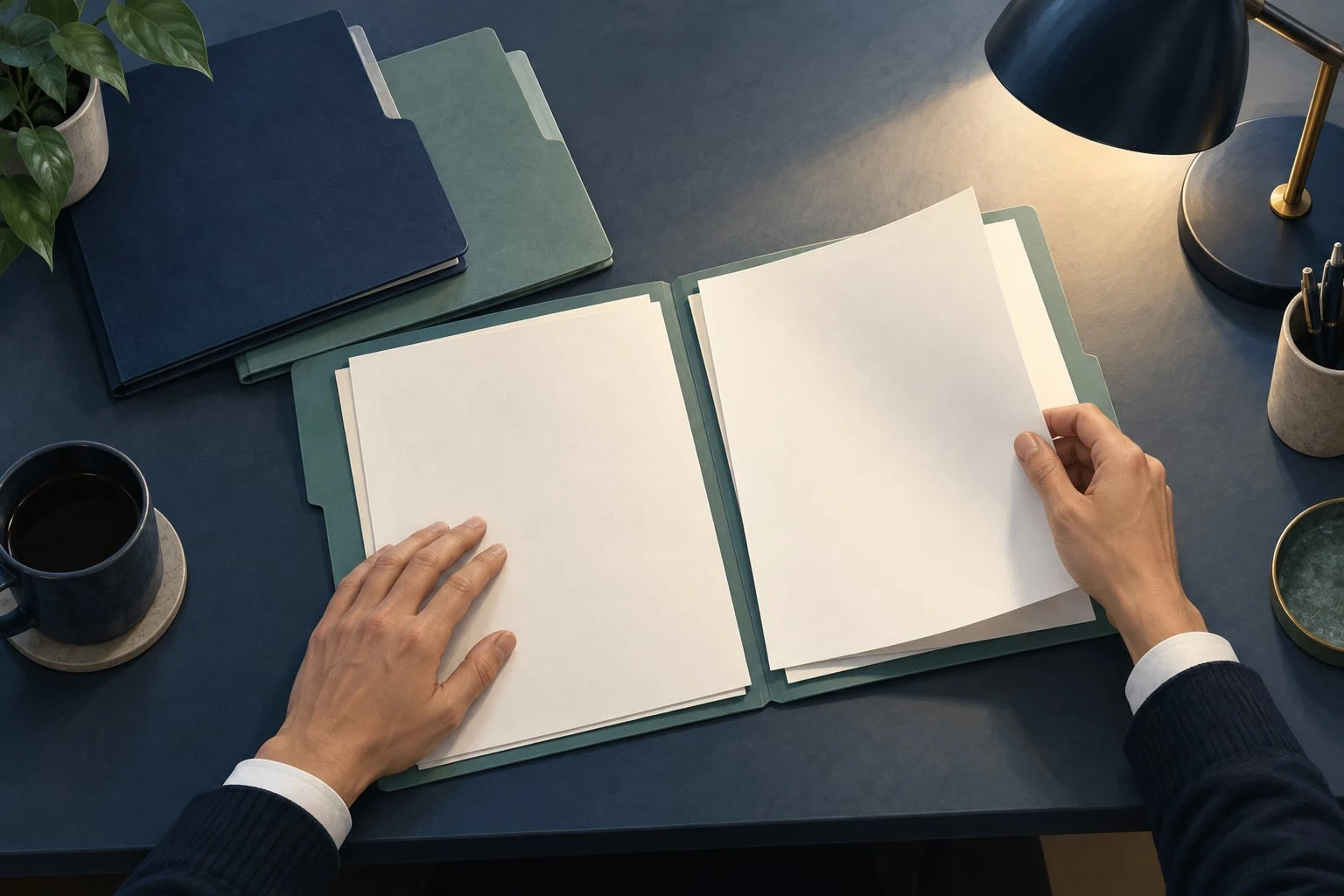 Hands review blank documents in a folder before the next processing step