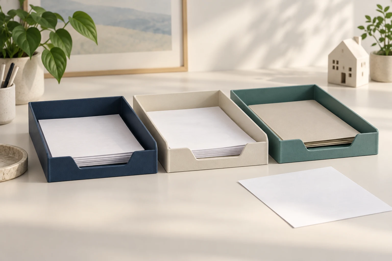 Separate document trays and a loose sheet distinguish received records from an unresolved exception
