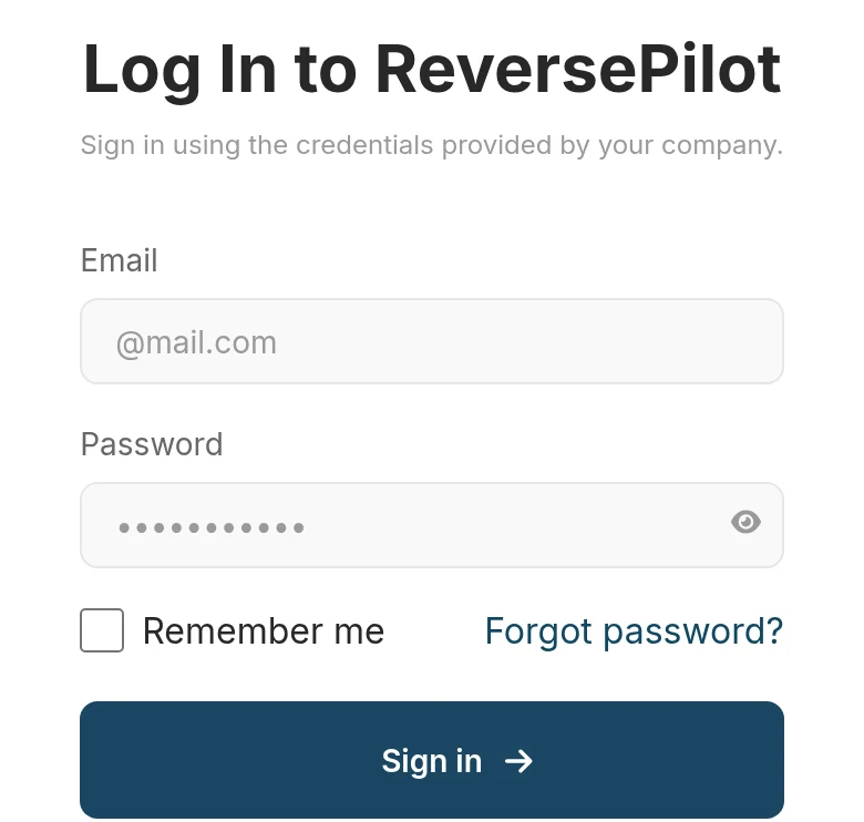 ReversePilot sign-in form with email, password, Remember me checkbox and Forgot password link