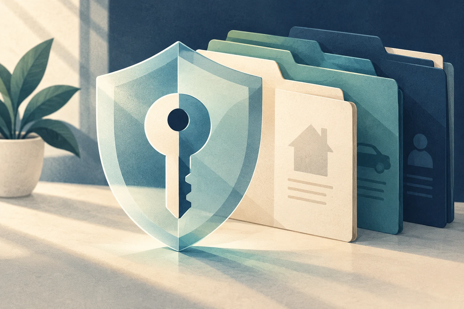 Layered shield and key stand before loan folders to illustrate access controls