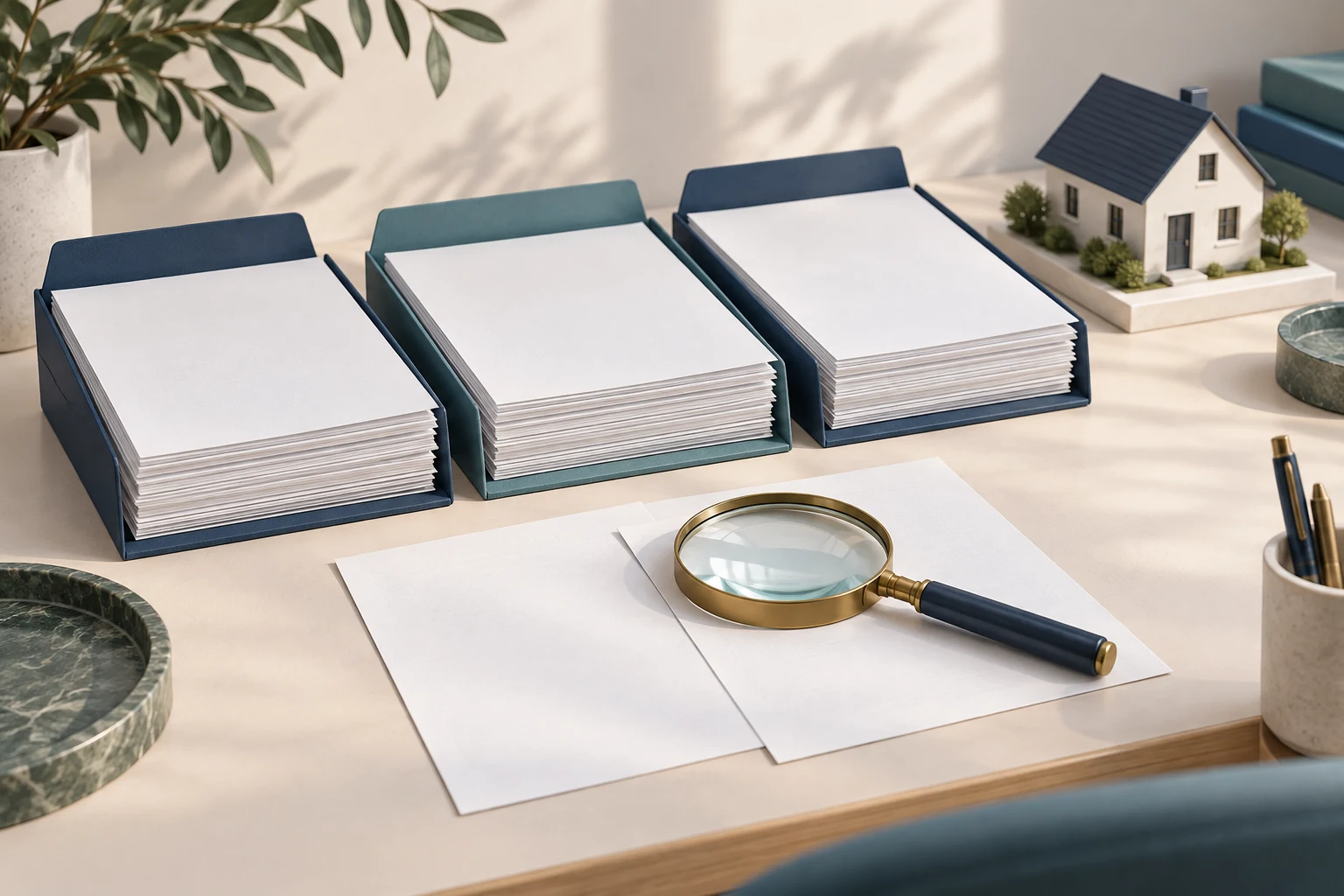 Magnifying glass and aligned folders illustrate comparing mortgage records before the next handoff