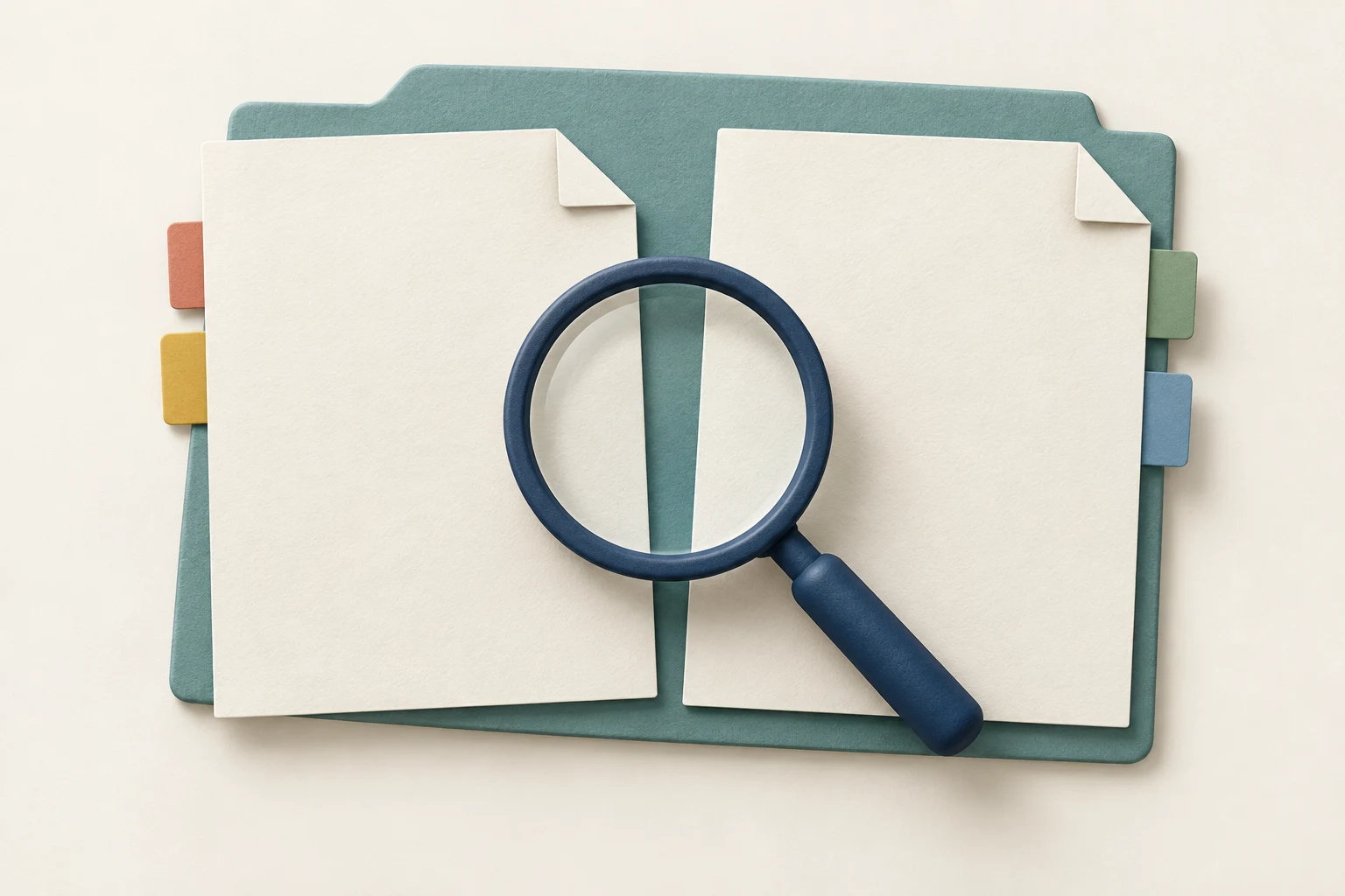 Magnifying glass compares two blank document copies with different tabs to illustrate version review