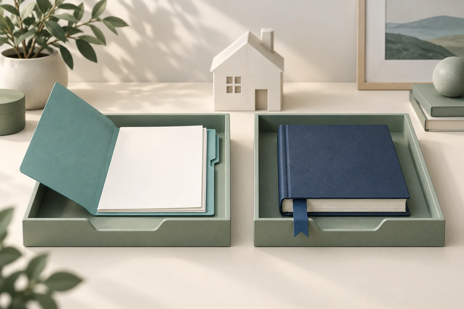 Separate folder and ledger trays distinguish unused borrowing capacity from recorded mortgage debt