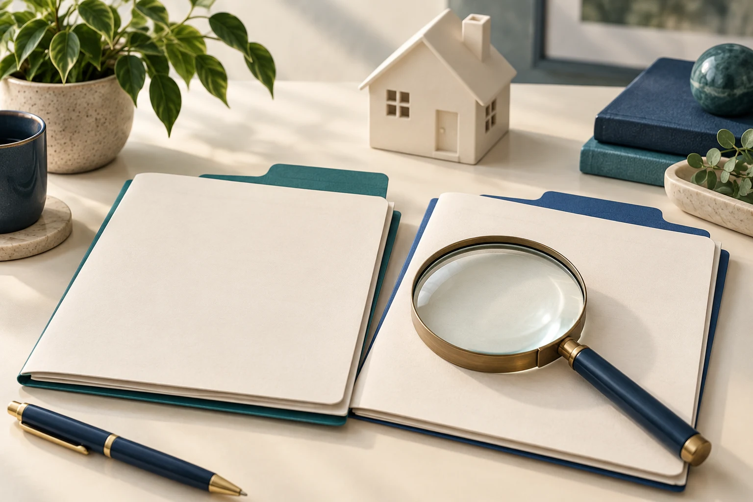 Magnifying glass over separate folders represents checking corresponding fields in loan illustrations