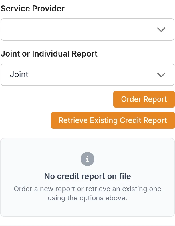 Credit Report tab with service provider and joint or individual selectors, Order and Retrieve buttons