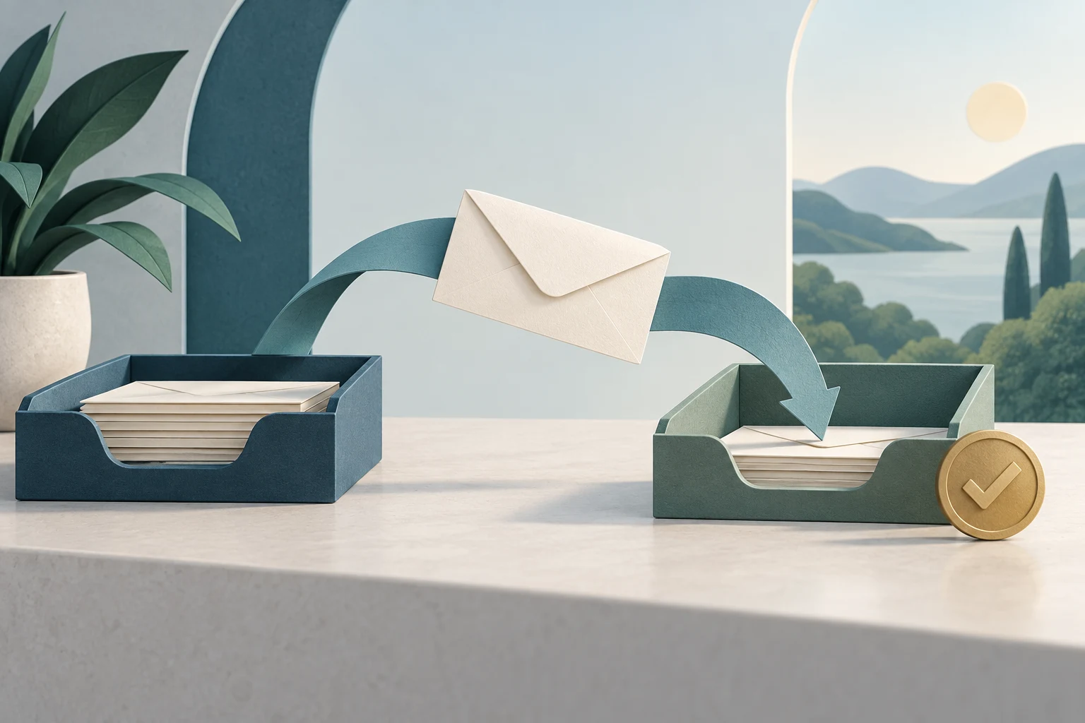 Envelope moving between trays represents a vendor acknowledging receipt of a service request