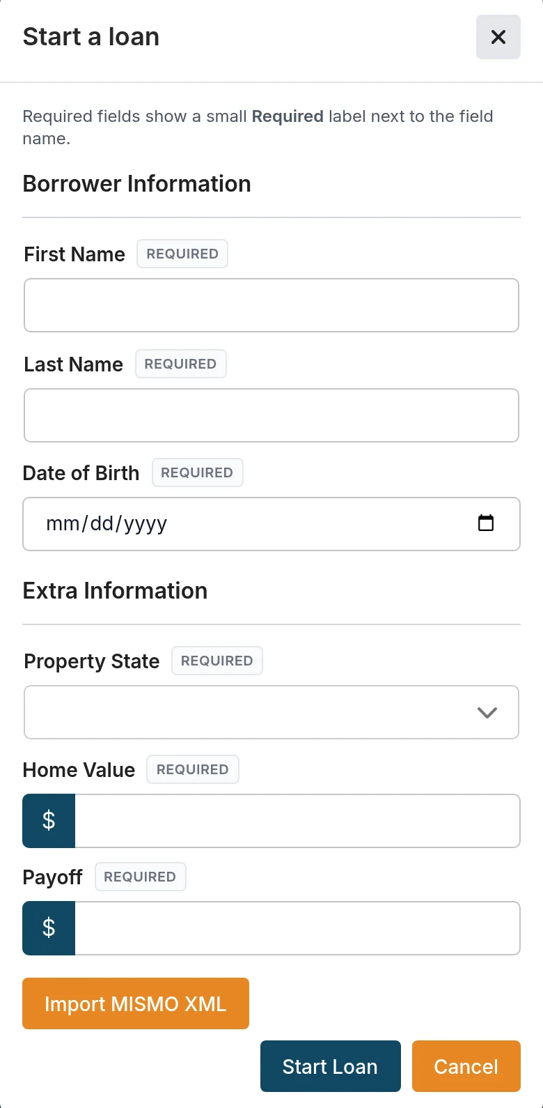 Start a loan dialog with Required labels on name, date of birth, property state, home value and payoff
