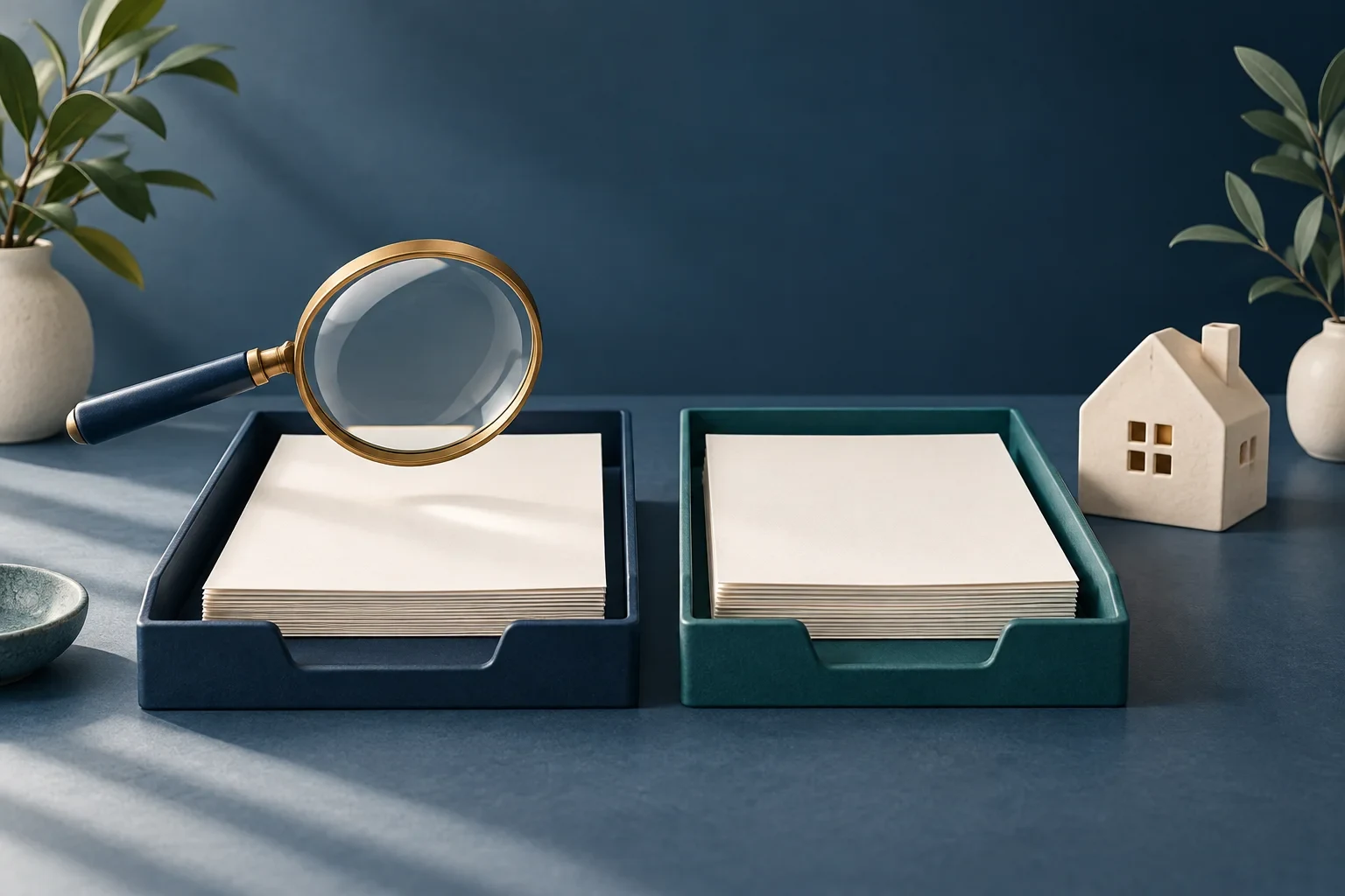 Magnifying glass above separate document trays represents comparing evidence before accepting a correction