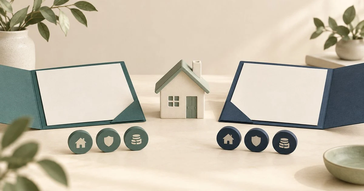 House model between two folders illustrates a structured comparison of reverse mortgage quotes