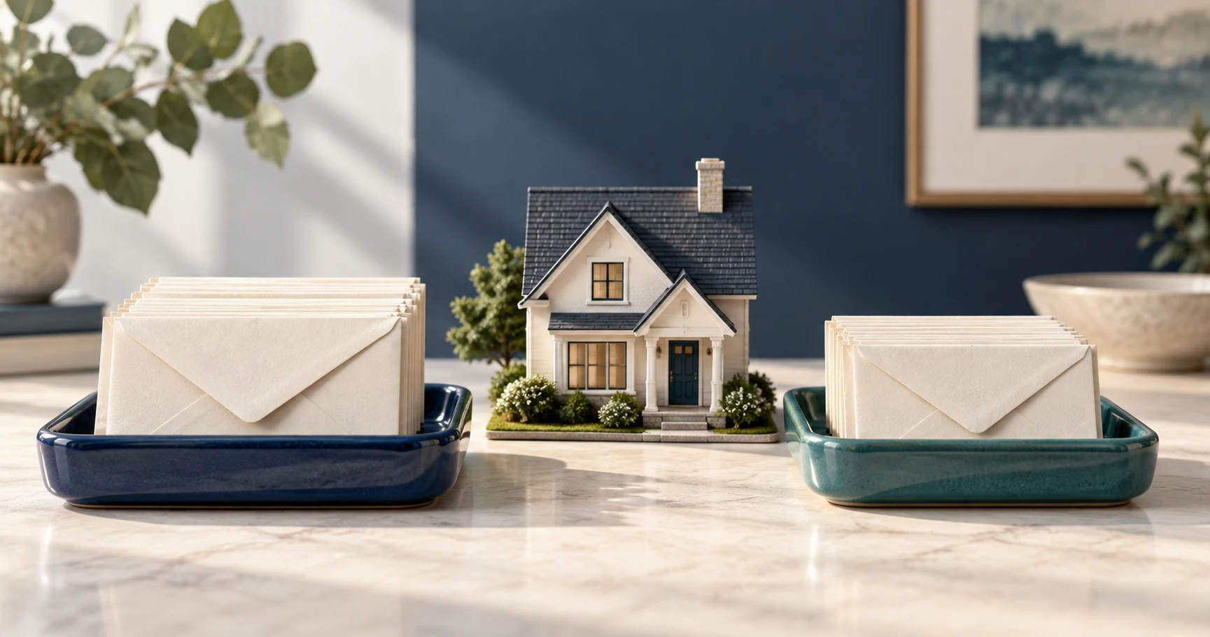 House model beside differently filled trays illustrates two property-charge reserve arrangements