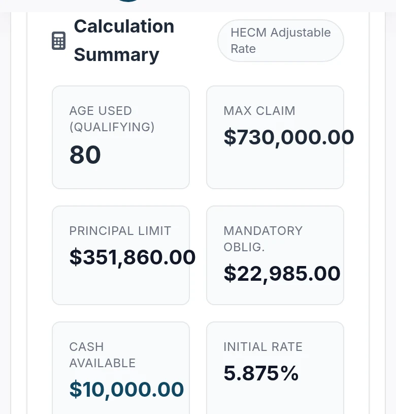 Calculation Explainer summary showing age used, max claim, principal limit, obligations, cash available and rate