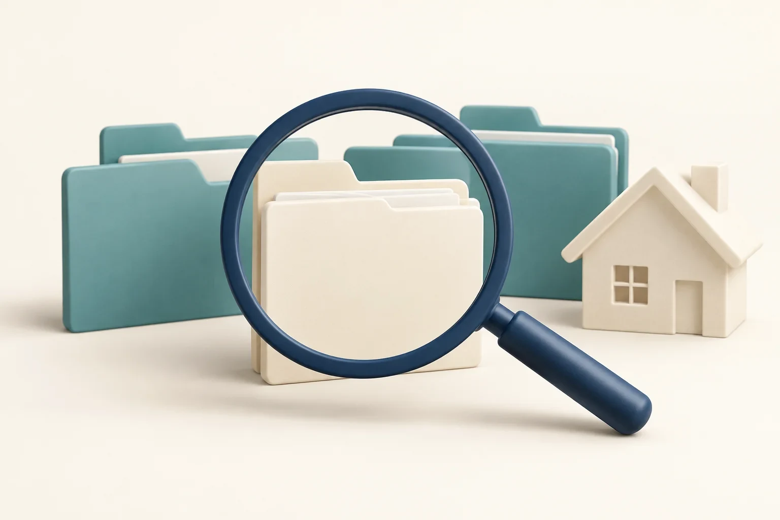 Magnifying glass over a folder represents examining the evidence behind a returned mortgage task