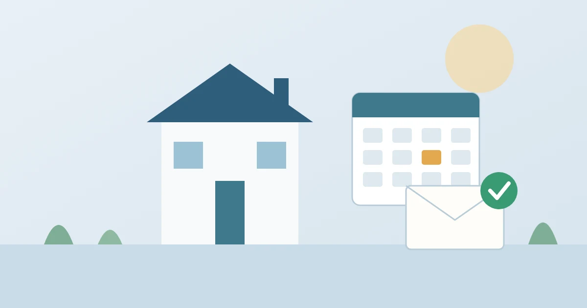 Single-family home beside a calendar and a checked envelope for a yearly residence confirmation