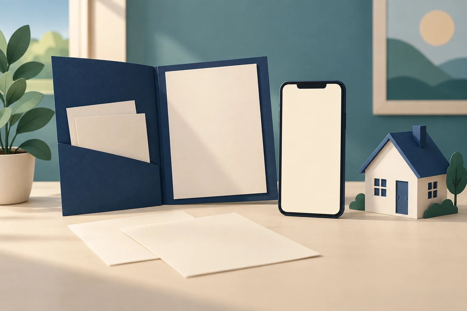 Blank mobile screen and paper folder illustrate reviewing mortgage marketing across different formats