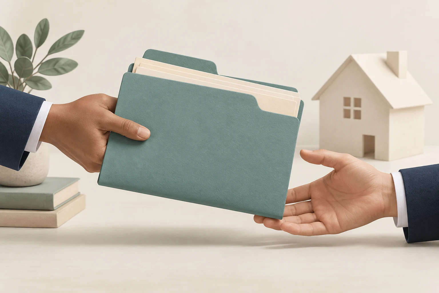 Anonymous hands transfer a folder of loan documents while preserving the file history