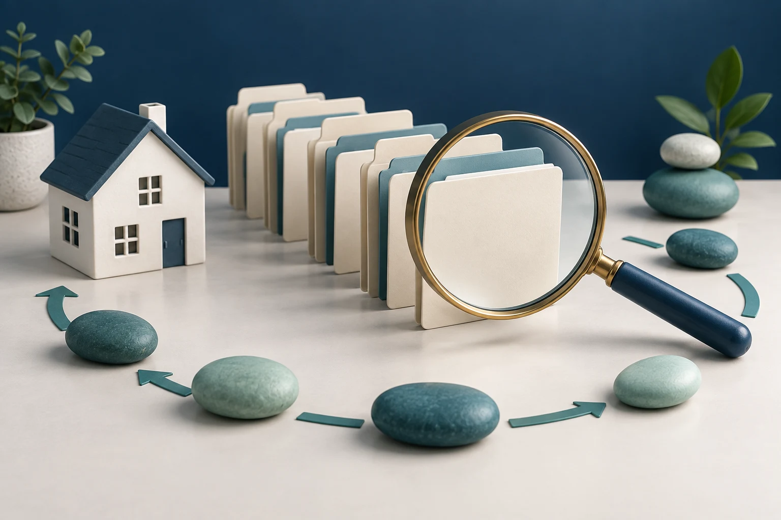 Magnifying glass and circular pathway illustrate reviewing completed work to improve mortgage capacity estimates
