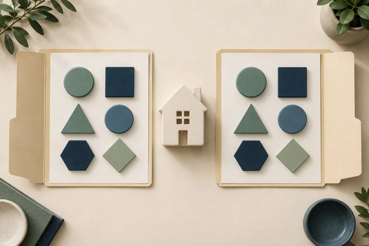 Matching geometric tokens in paired folders represent consistent inputs for comparing loan scenarios