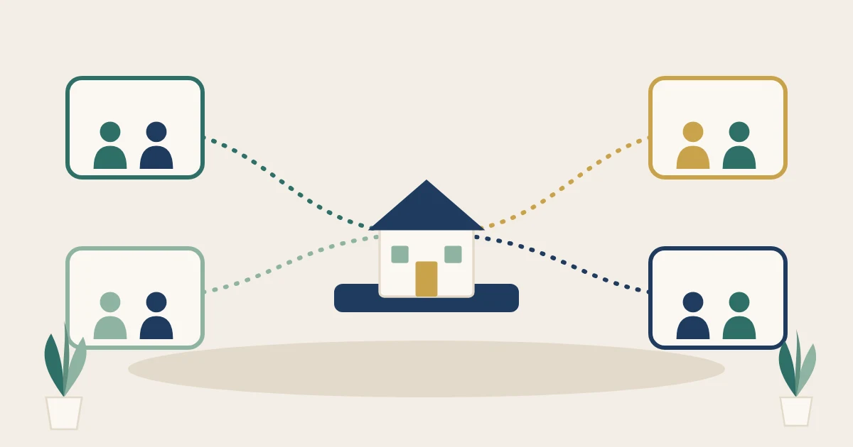 Four team workspaces linked by dotted paths to one shared house-shaped loan record