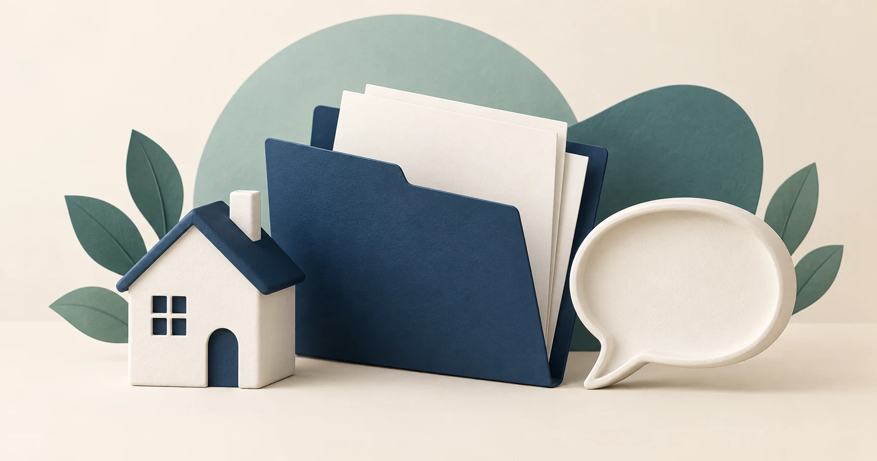 House model, folder, and empty speech bubble represent a clear mortgage complaint record