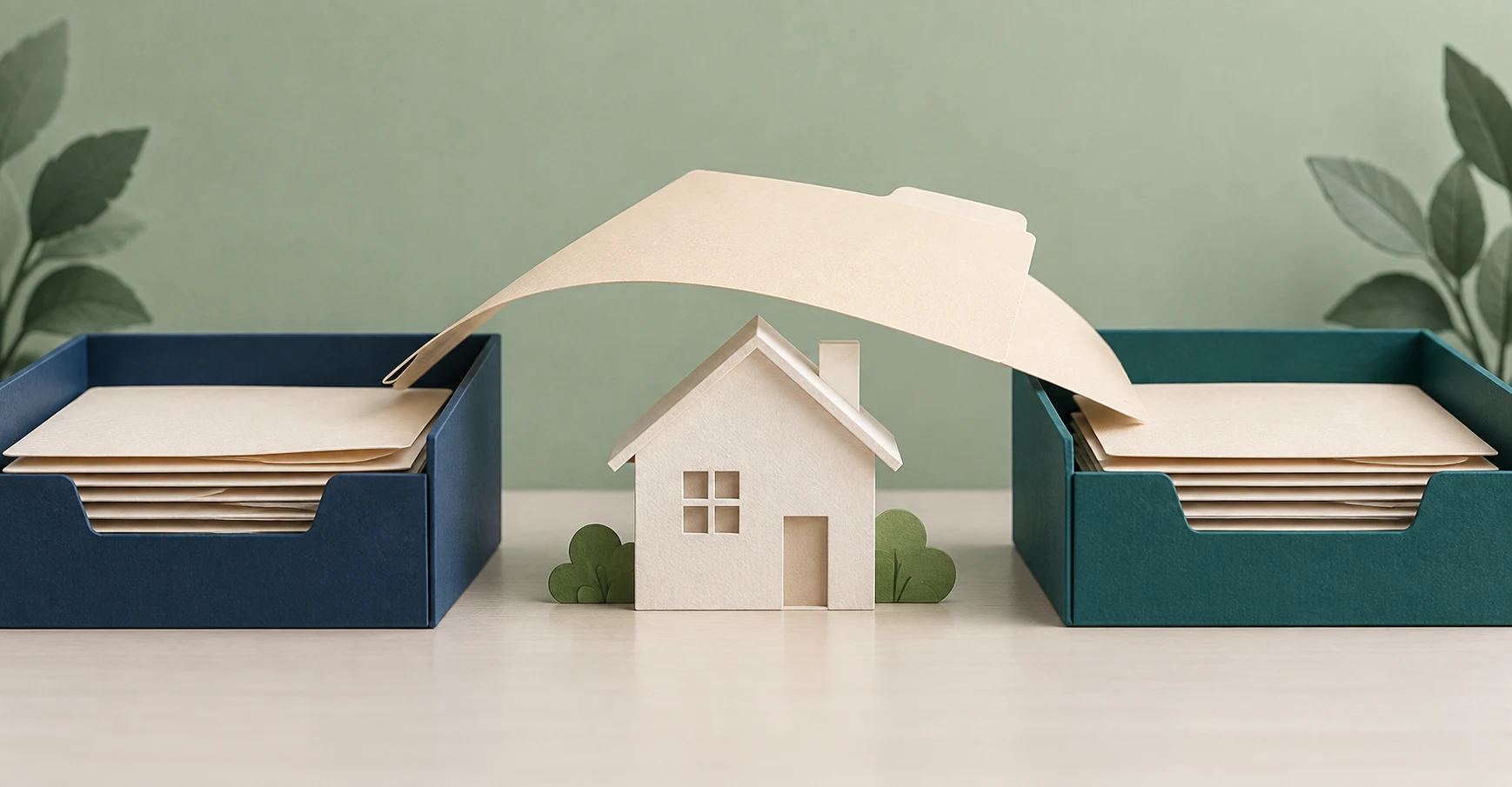 House model between document trays illustrates continuity during a mortgage team member’s absence