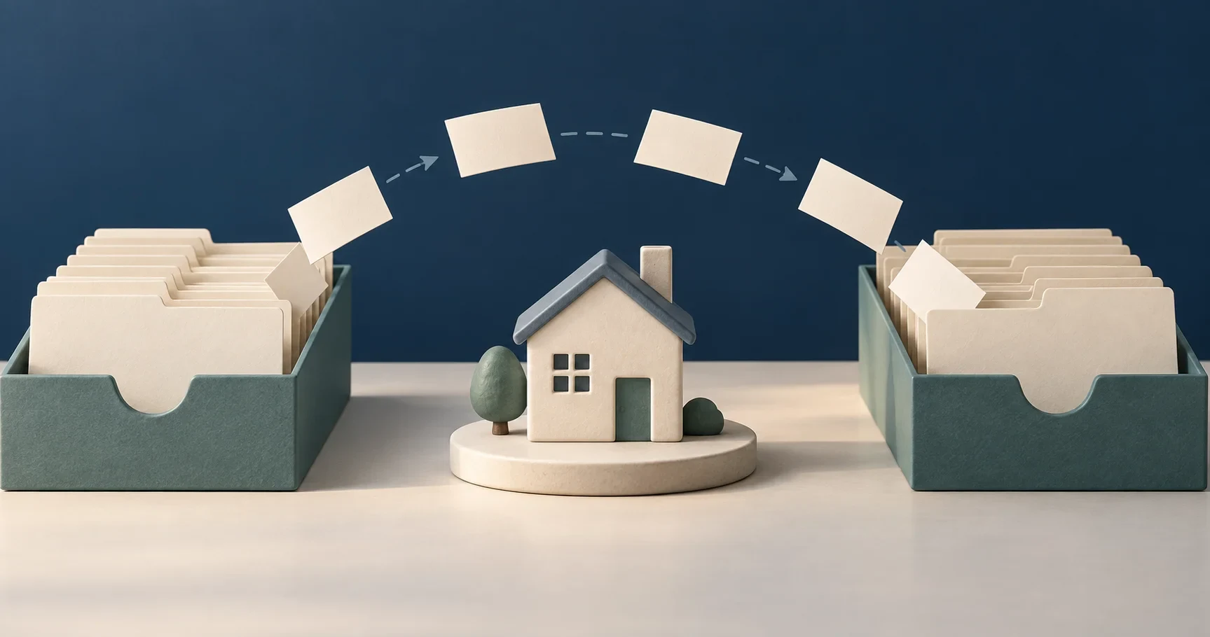 House between two folder archives illustrates moving mortgage records from source to destination