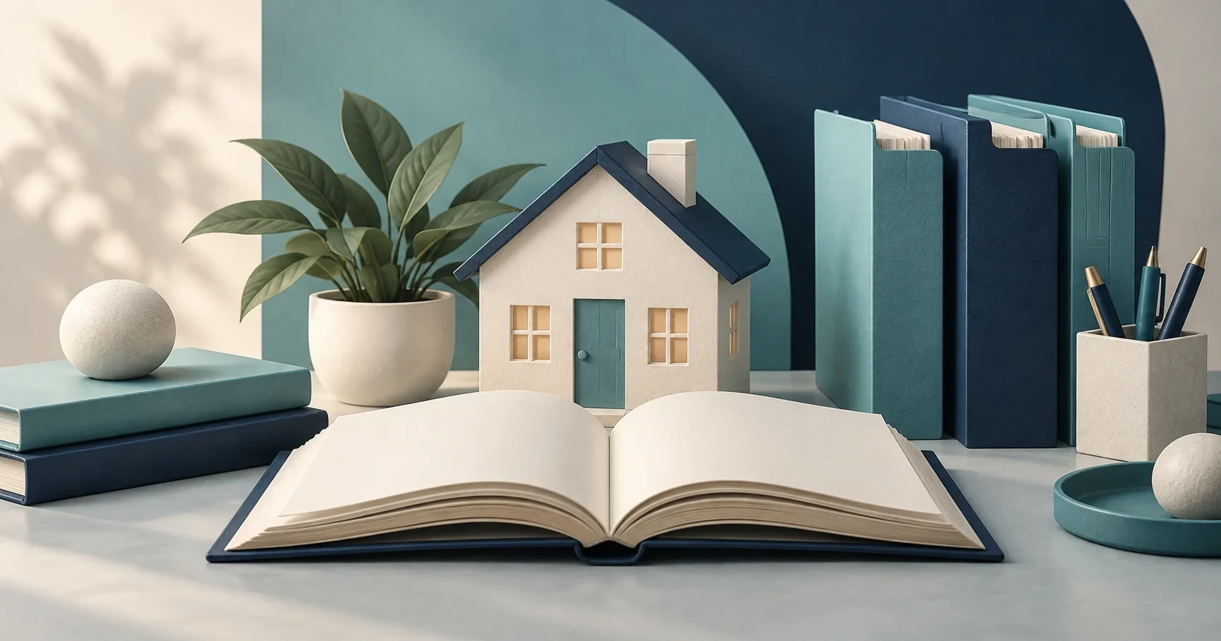Open book, house model, and organized folders illustrate learning the roles in reverse mortgage operations