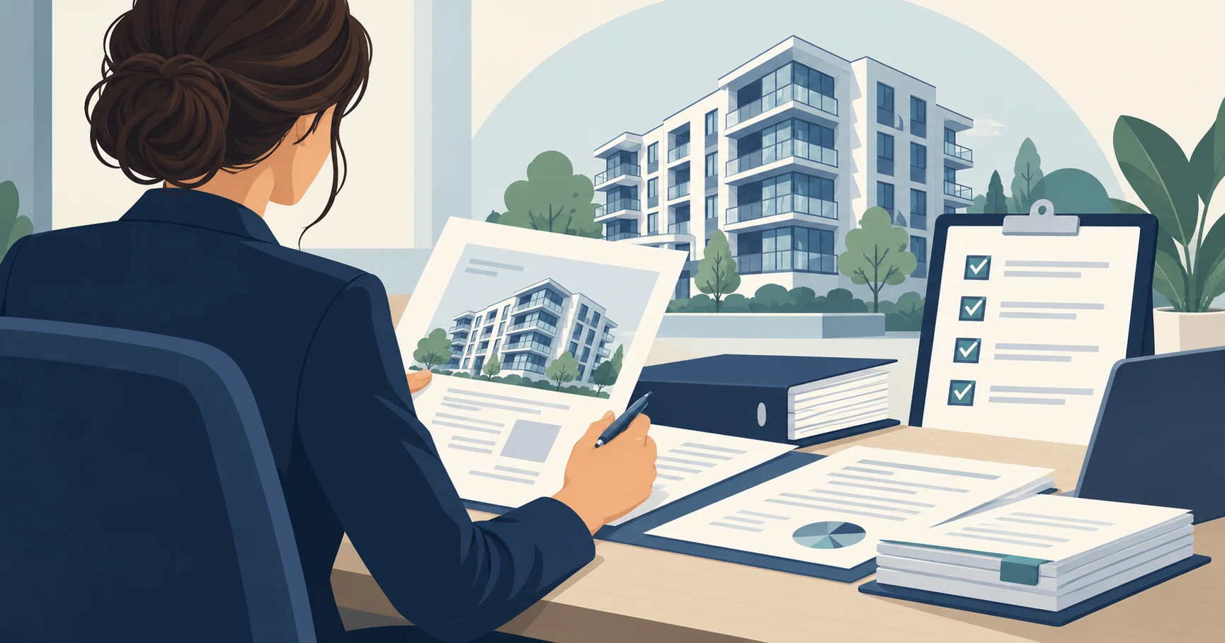 Processor reviewing a condominium project file with building evidence and checklist
