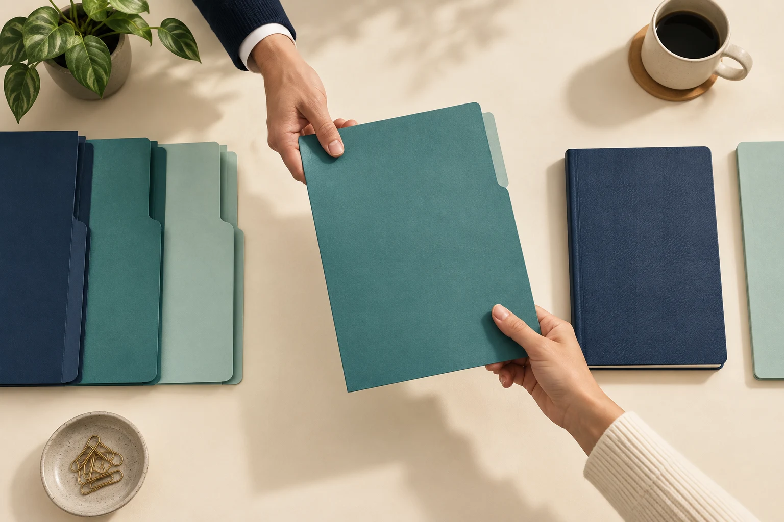Two colleagues transfer an organized folder to illustrate ownership at a processing handoff