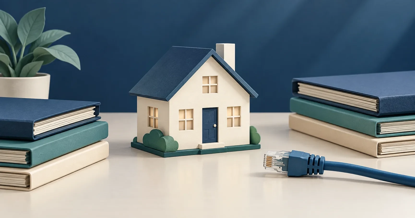 House model and disconnected network cable illustrate a pause in mortgage operations