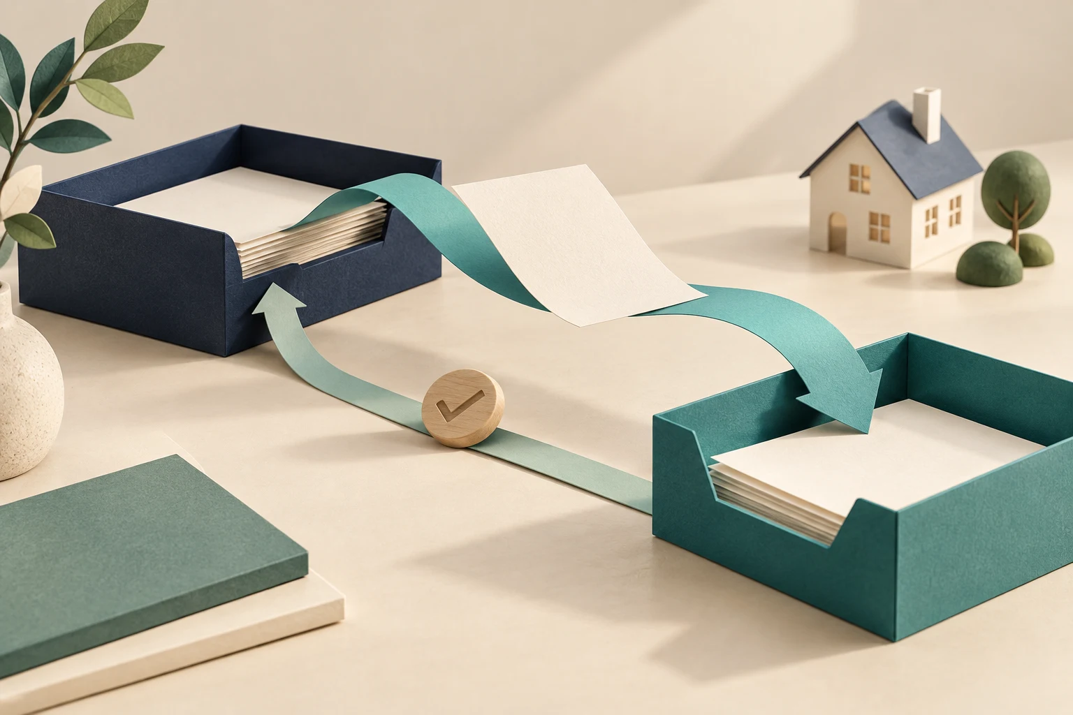 Separate paper paths between document trays represent outgoing requests and returning acknowledgments
