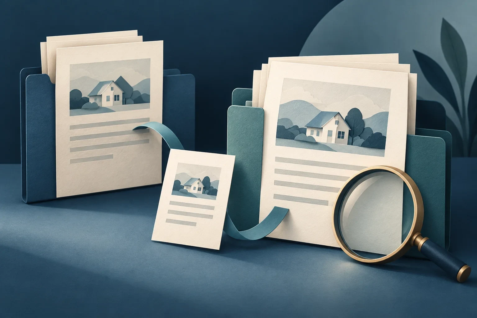 Linked report versions and a magnifying glass illustrate tracing appraisal revisions through review