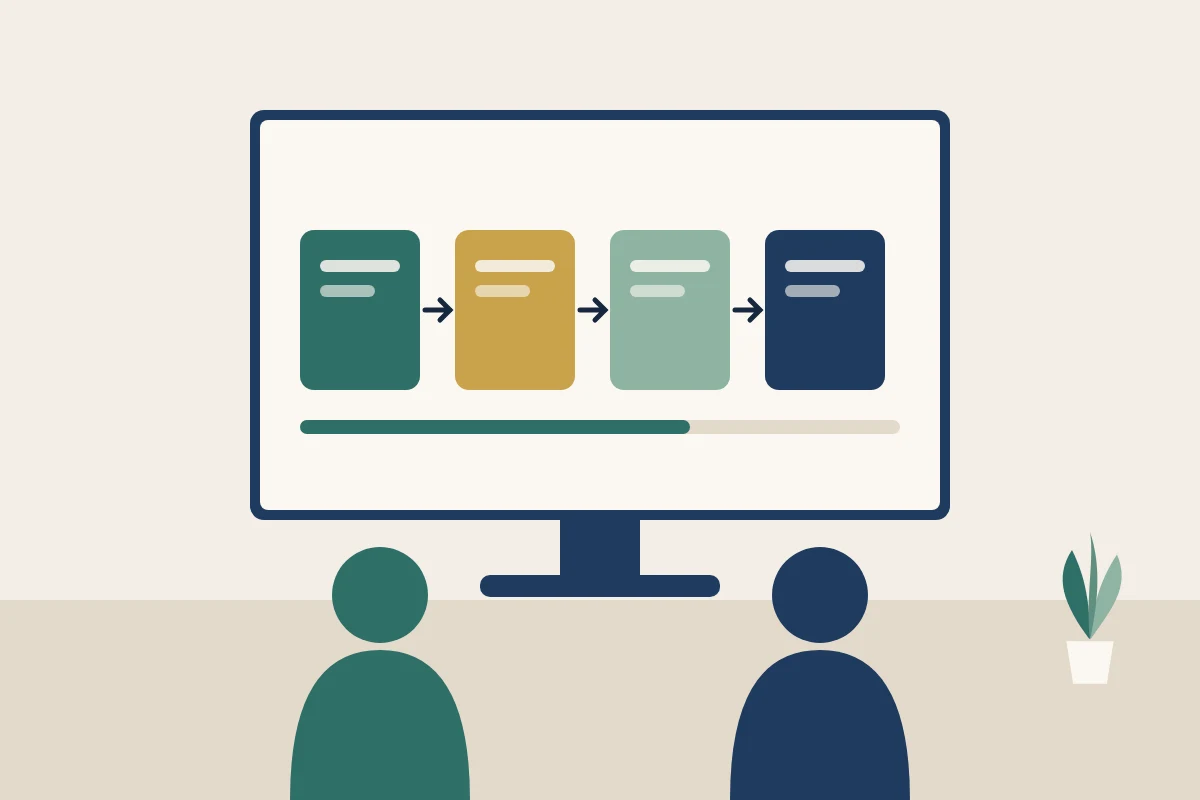 Two people facing a monitor that shows four loan stages connected by arrows and a progress bar