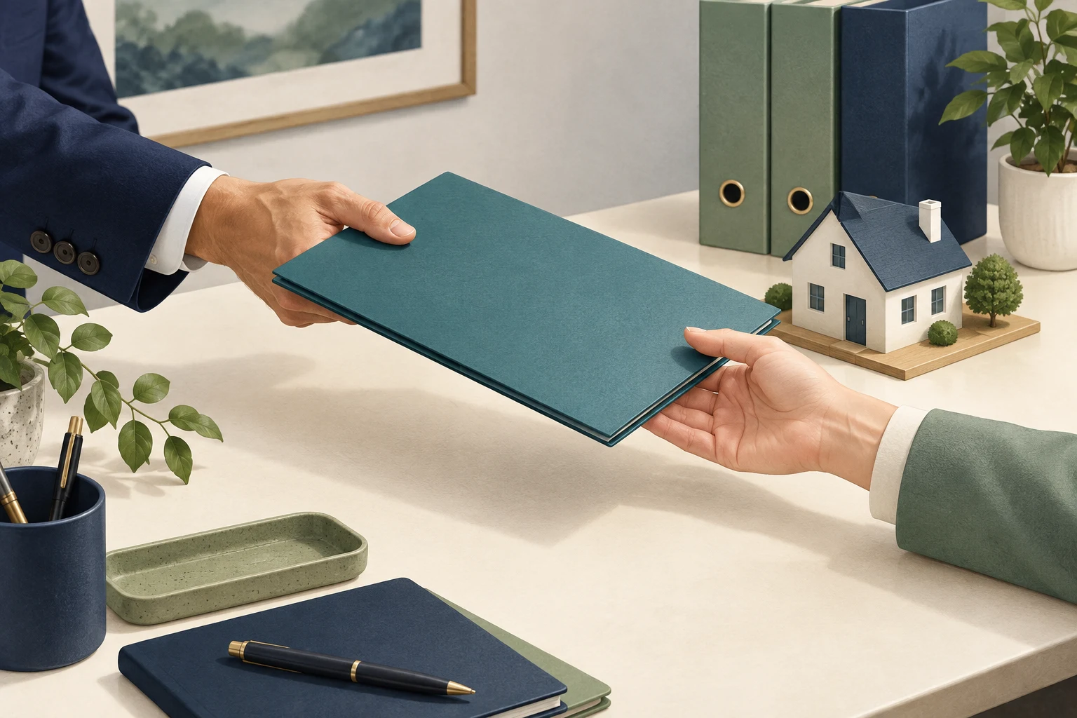 Anonymous colleagues pass a folder beside a house model during a mortgage file handoff