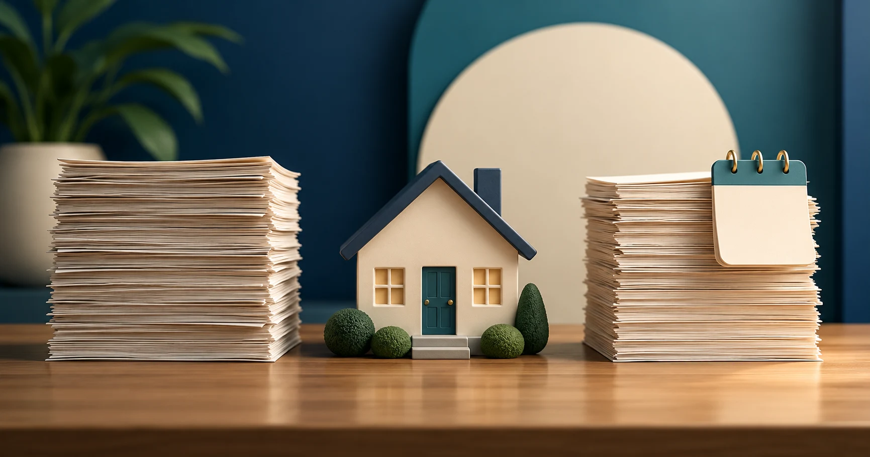 House model between paper stacks and a blank calendar represents a dated mortgage payoff