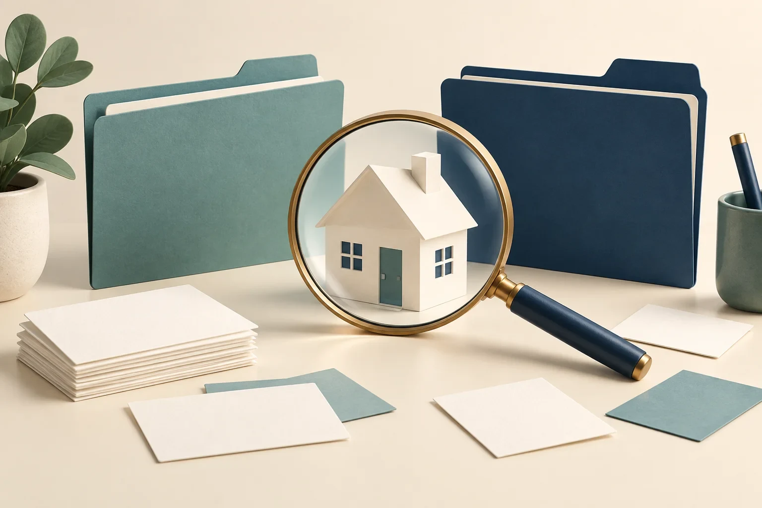 Magnifying glass and blank practice folders represent reviewing fictional mortgage files during staff training
