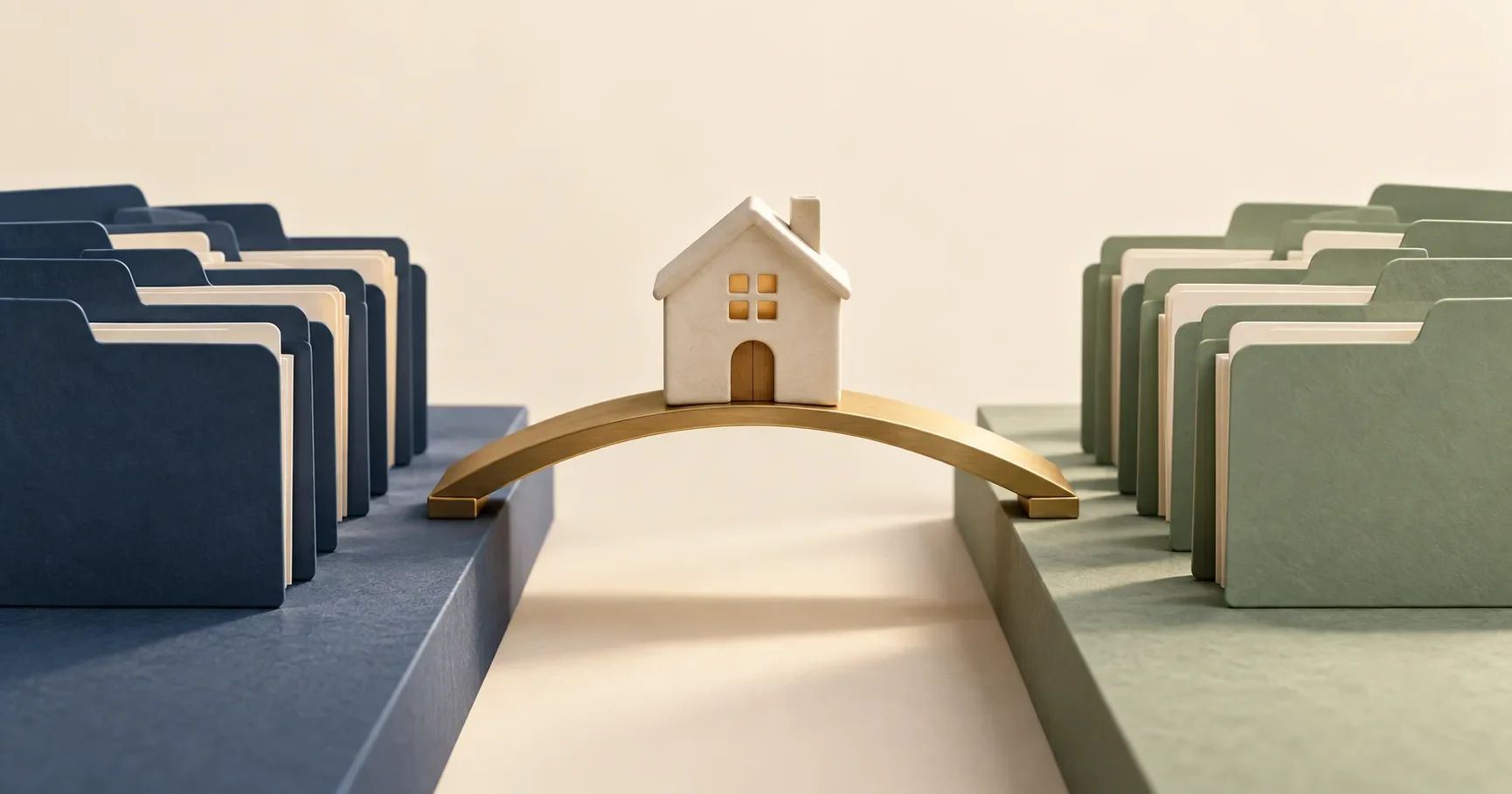 House model on a bridge between folder groups illustrates a controlled mortgage process transition