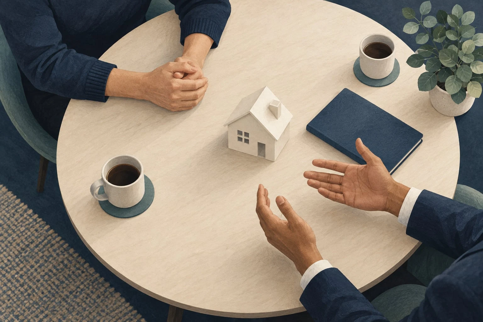 Open hands across a table illustrate space for independent counseling questions
