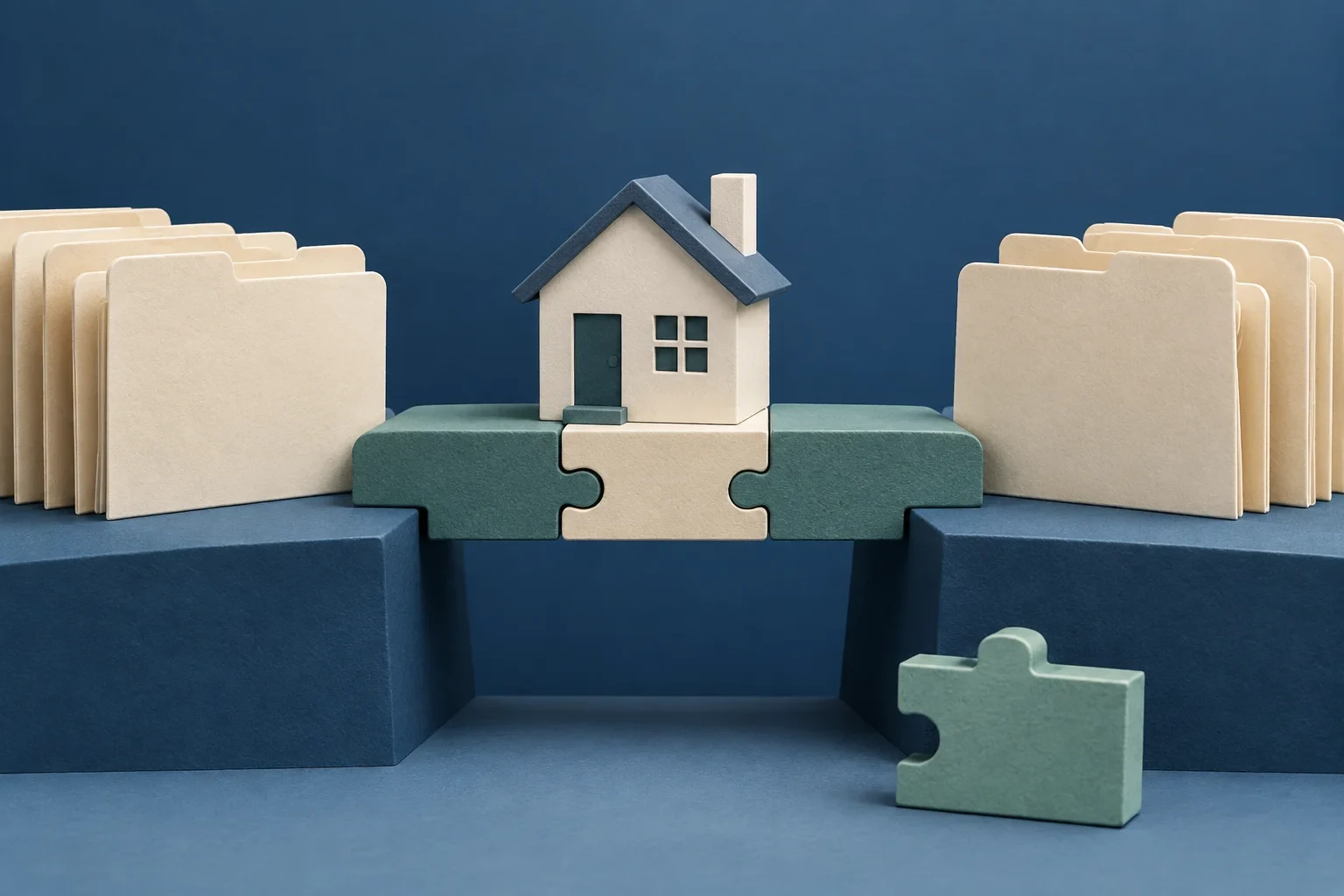 Interlocking bridge pieces beside mortgage folders illustrate matching an improvement to a workflow barrier