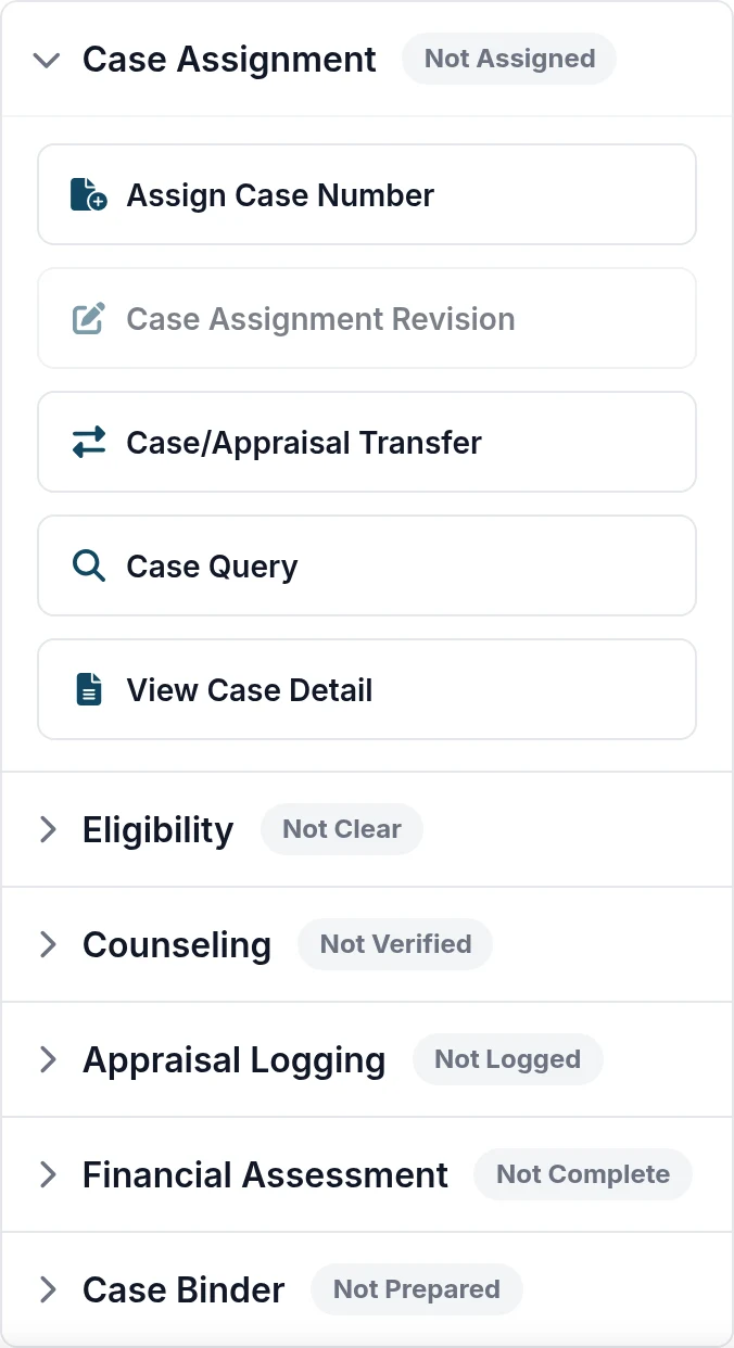 Case Number tab with FHA case number field and Assign Case Number, Case Query and View Case Detail buttons