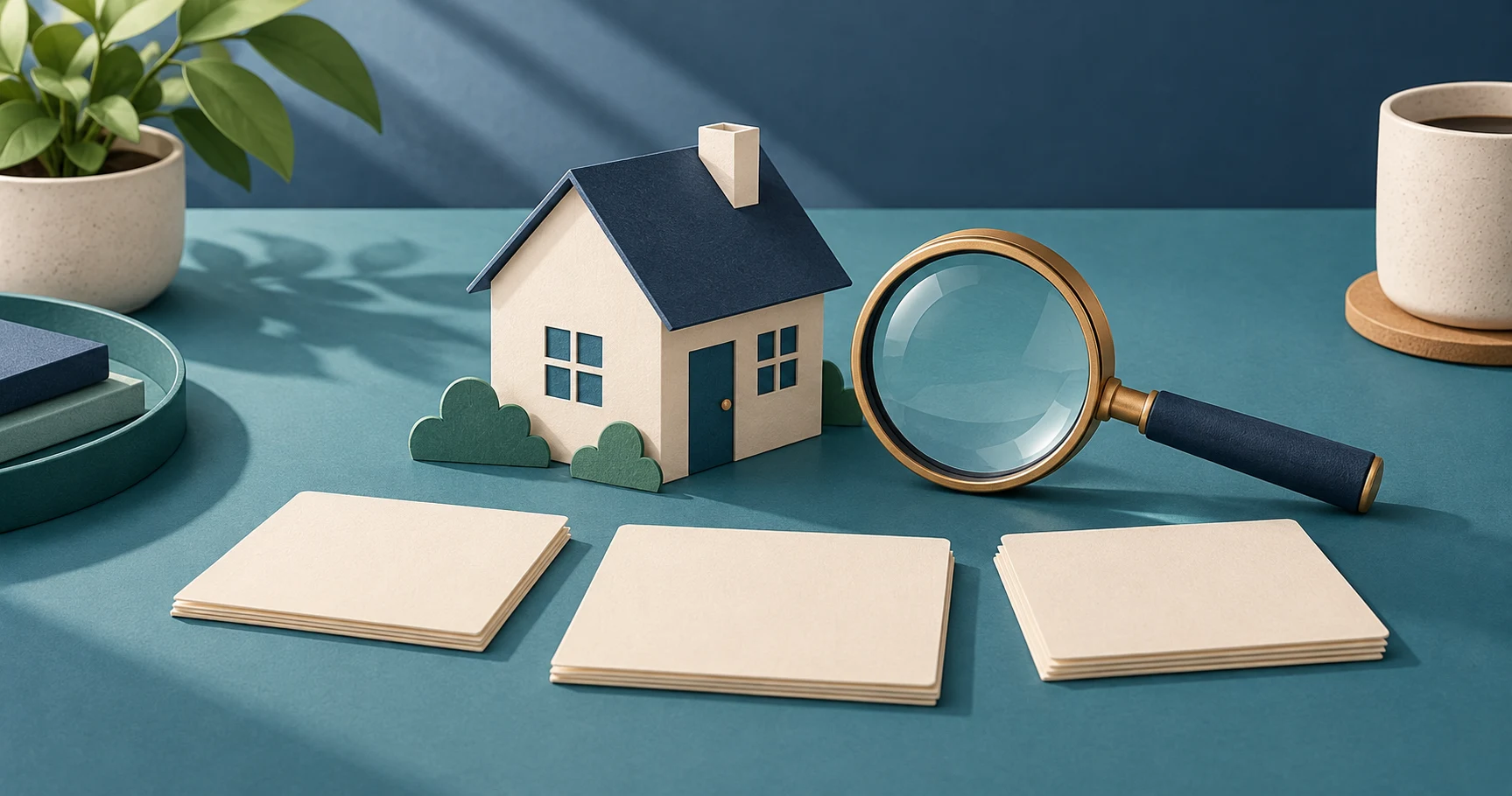 House model, magnifying glass, and blank cards represent careful review of mortgage marketing claims