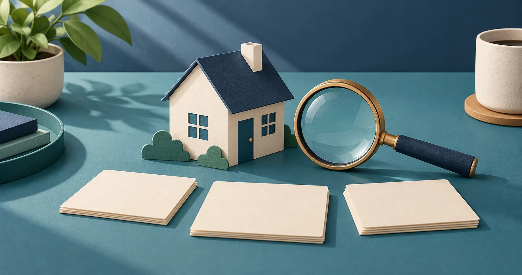 House model, magnifying glass, and blank cards represent careful review of mortgage marketing claims