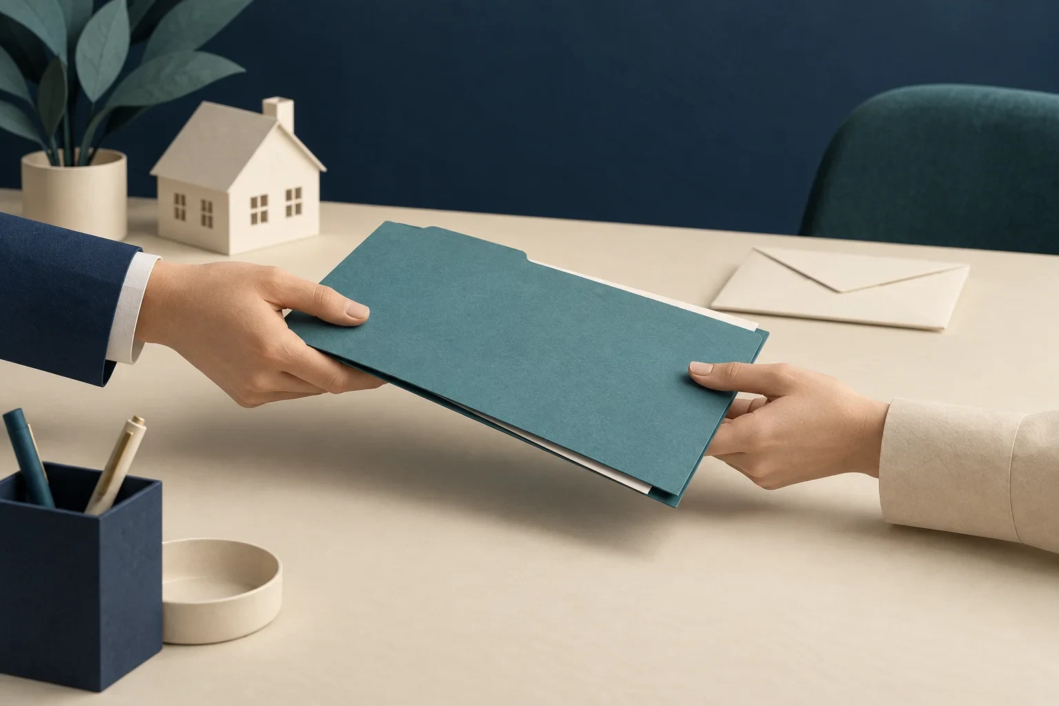Colleagues pass a folder beside a house model and envelope representing appraisal handoff responsibilities