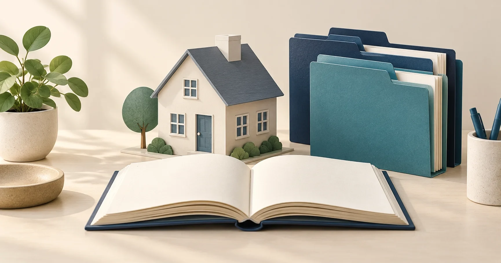 Open reference book and organized folders beside a house model introduce reverse mortgage terminology