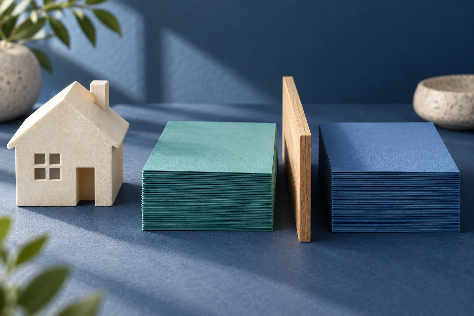 Divided teal and blue card stacks illustrate separate purposes for two mortgage rates