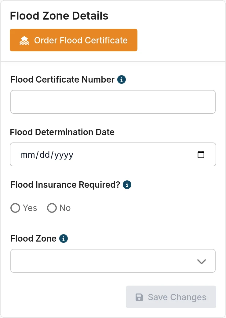 Flood Zone Details panel with an Order Flood Certificate button and empty certificate fields