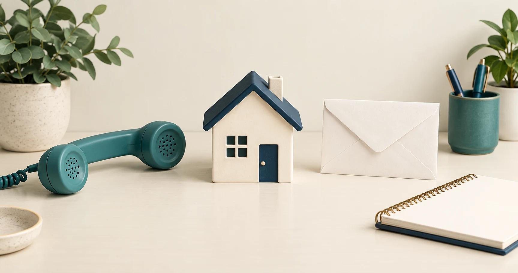 House model, telephone, envelope, and notebook illustrate different ways to communicate with mortgage borrowers