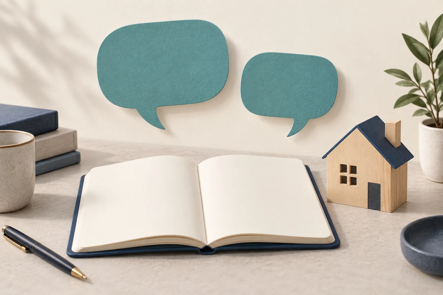 Blank speech bubbles above a notebook represent checking understanding during a borrower conversation