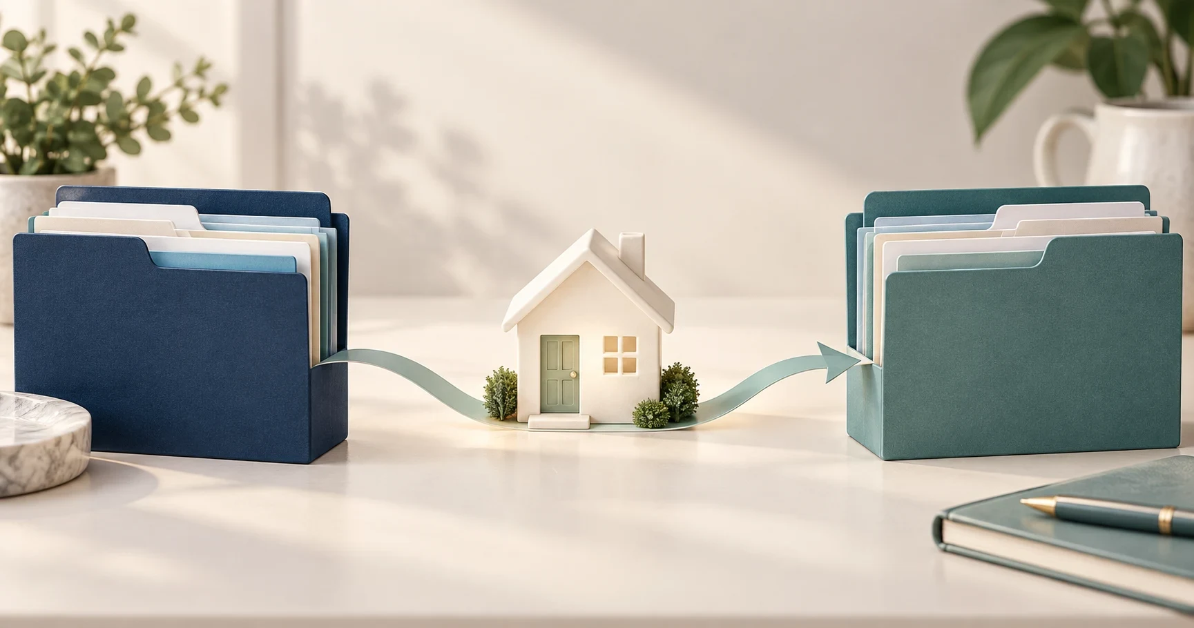 House model between organized folders represents the transfer of records from origination to servicing
