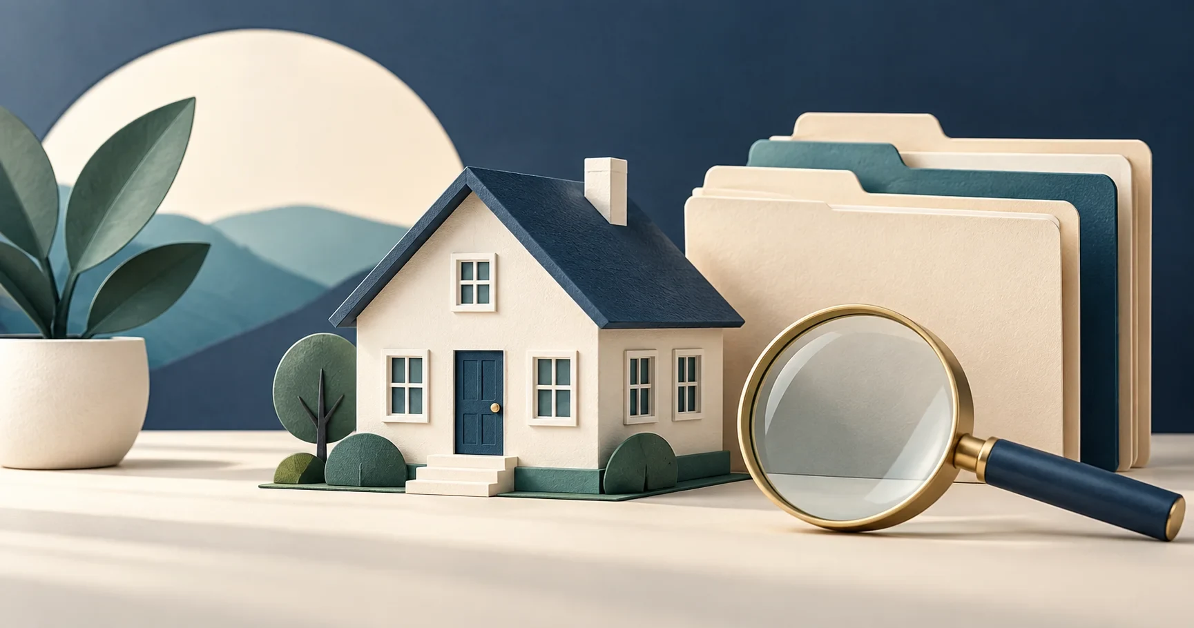 House model, organized folders, and magnifying glass illustrate an appraisal file ready for review