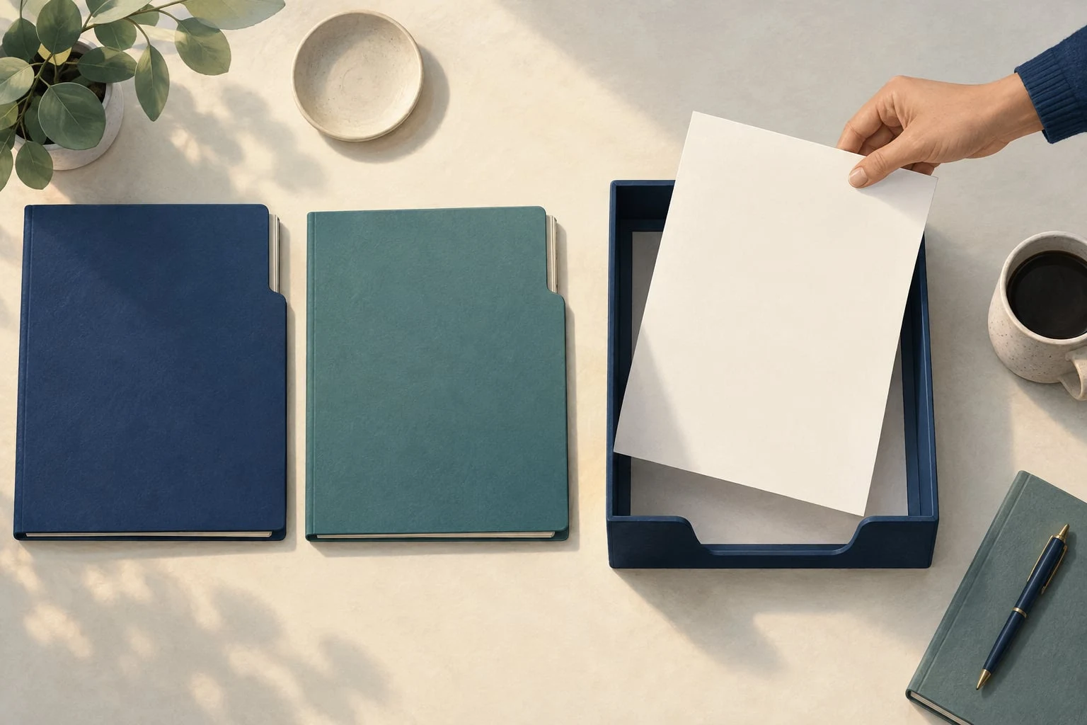 A hand places a blank document in a tray beside separate folders